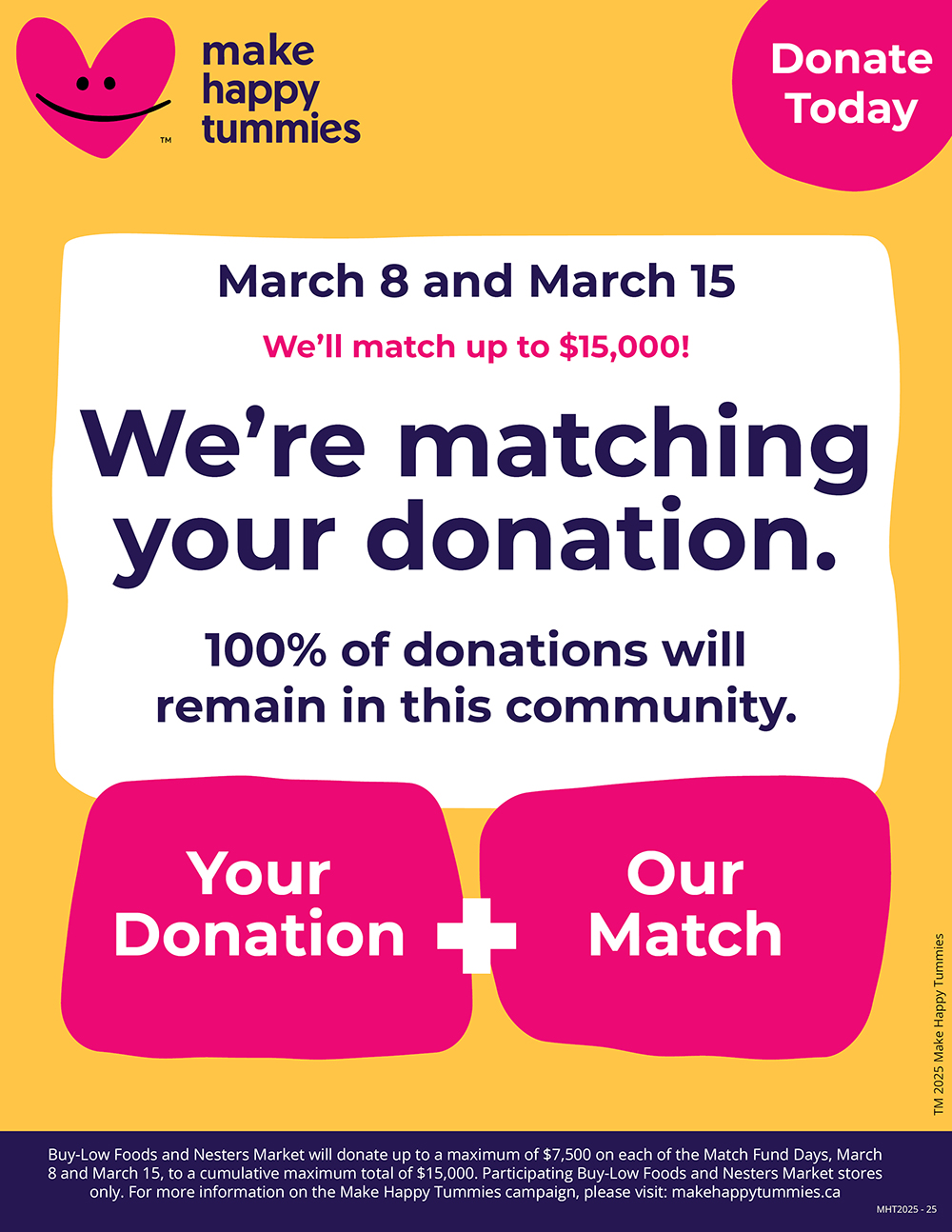 Buy-Low Foods and Nesters Market Match Poster - on March 8 and March 15 they will match your donation up to $15,000